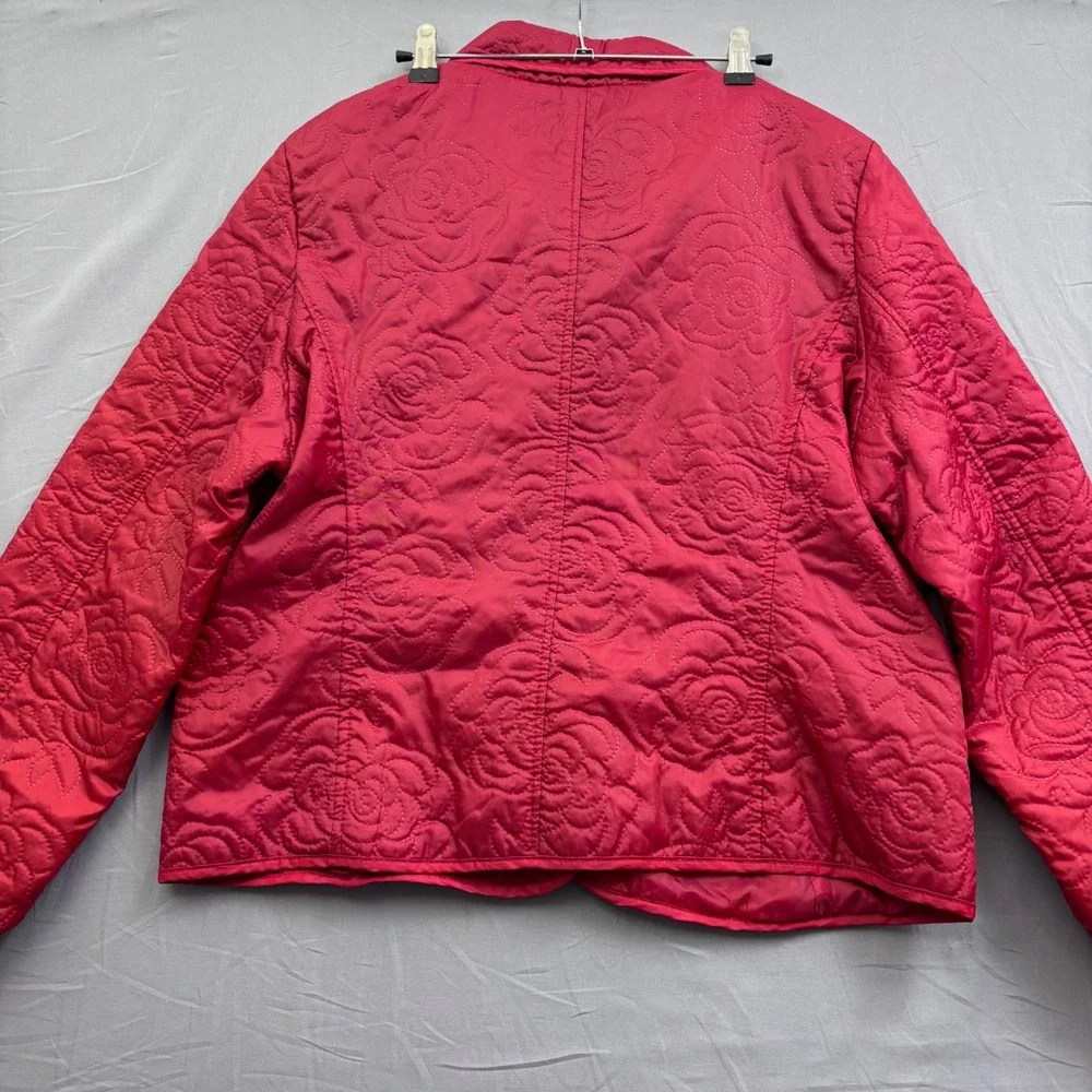 JG Hook Red Rose Floral Quilted Jacket Women XL Snap Front Peter Pan Collar Coat